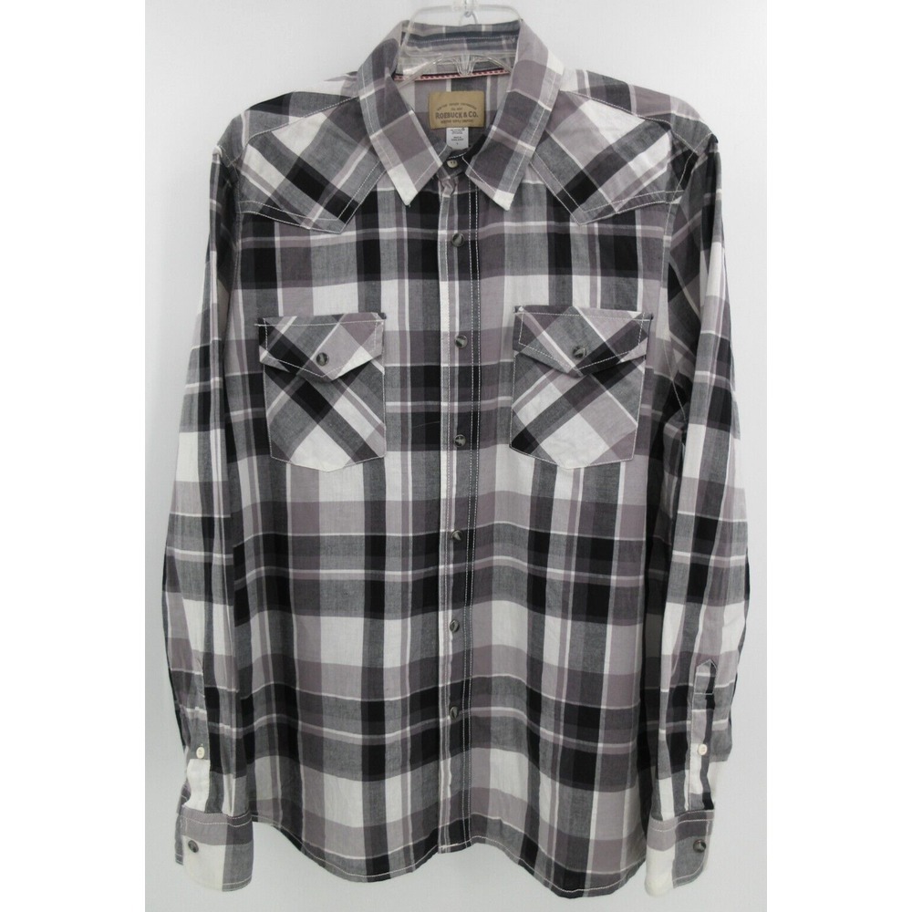 ROEBUCK & CO Long Sleeve Pearl Snap Shirt Men Large‎ Black / White Buffalo Plaid